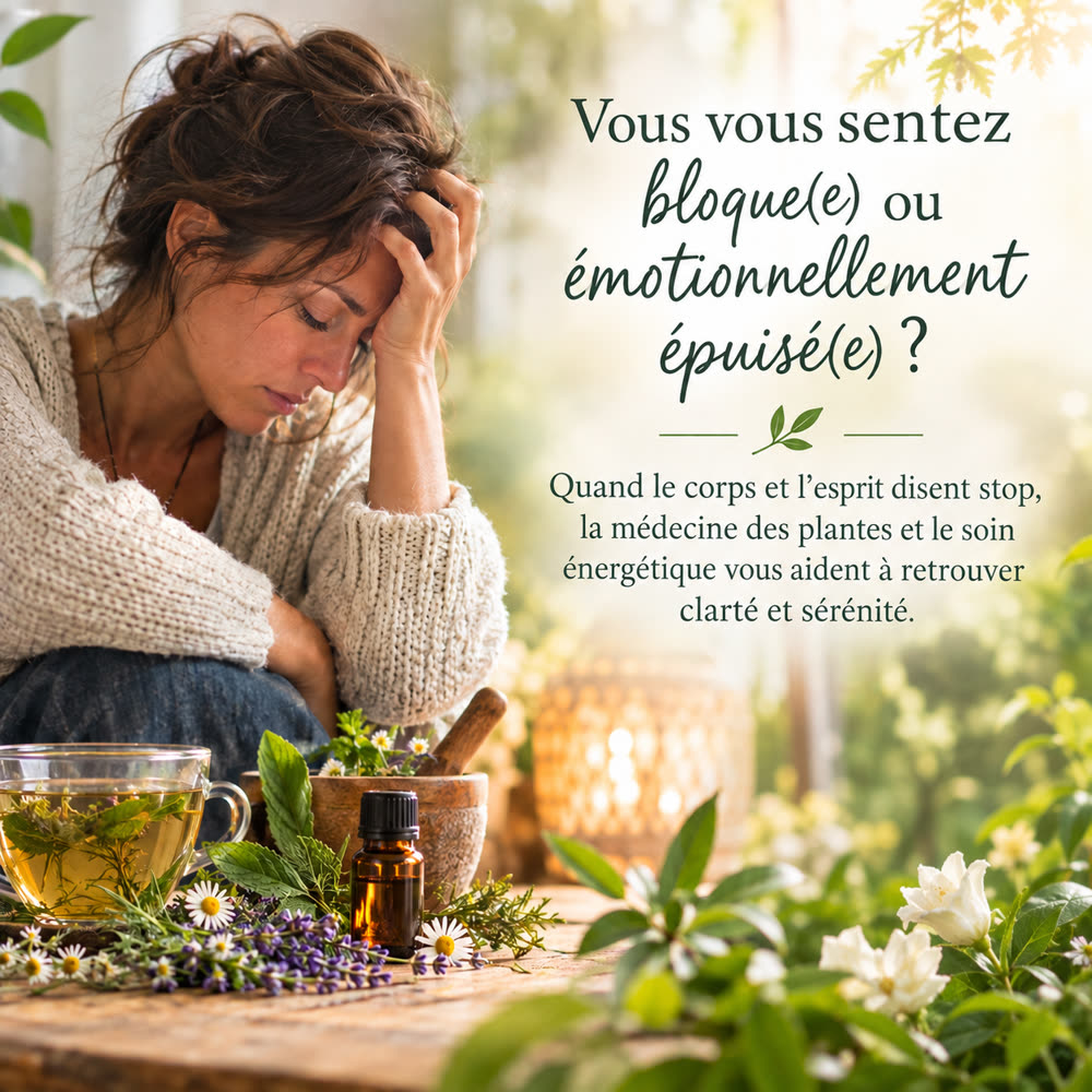 Femme épuisée entourée de tisane, huiles essentielles et plantes médicinales, symbole de reconnexion à soi